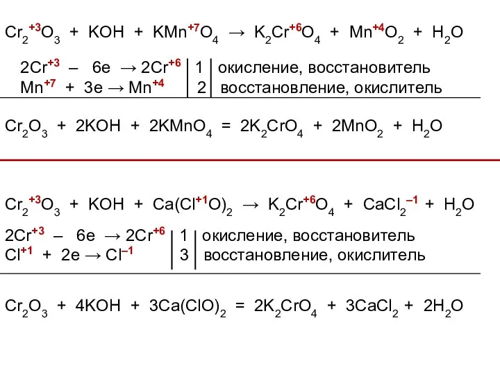 Cr2+3O3 + KOH + KMn+7O4 → K2Cr+6O4 + Mn+4O2 + H2O