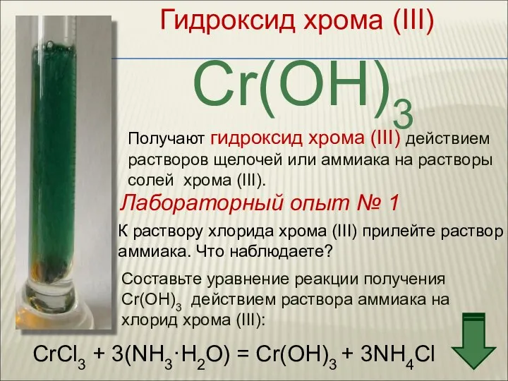 Гидроксид хрома (III) Cr(OH)3 Получают гидроксид хрома (III) действием растворов щелочей
