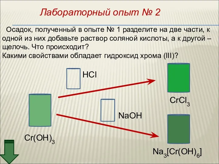 Лабораторный опыт № 2 Осадок, полученный в опыте № 1 разделите