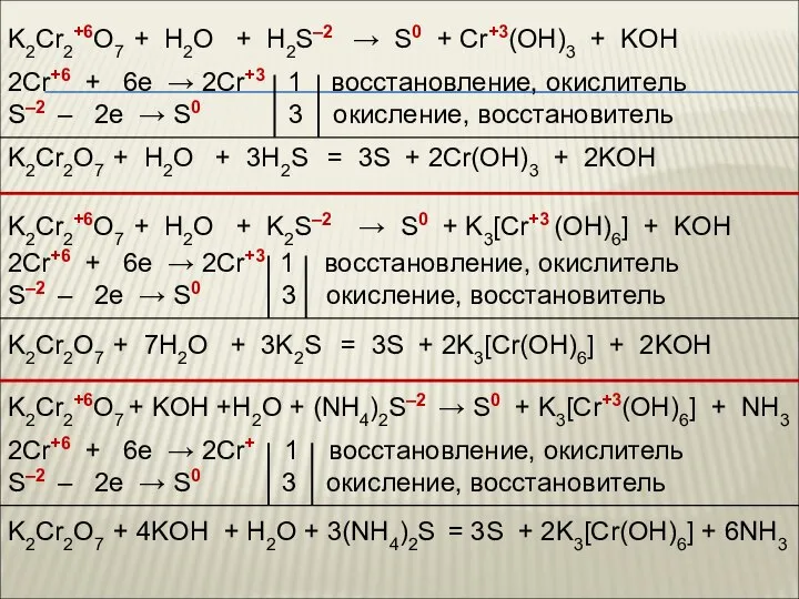 K2Cr2+6O7 + H2O + H2S–2 → S0 + Cr+3(OH)3 + KOH