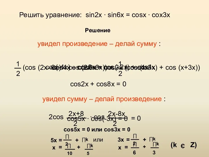 Решить уравнение: sin2x ∙ sin6x = cosx ∙ cox3x увидел произведение