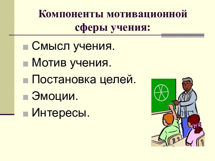 Компоненты мотивационной сферы учения: Смысл учения. Мотив учения. Постановка целей. Эмоции. Интересы.