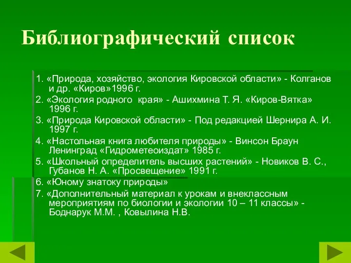 Библиографический список 1. «Природа, хозяйство, экология Кировской области» - Колганов и