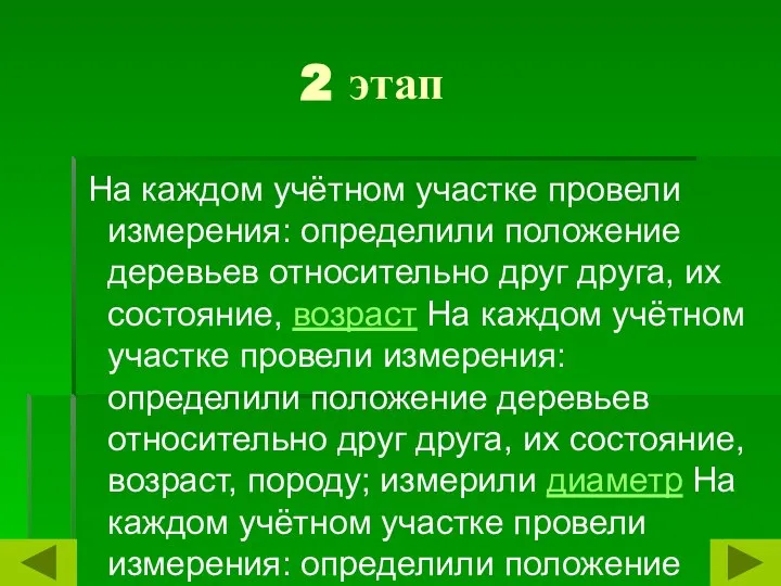 2 этап На каждом учётном участке провели измерения: определили положение деревьев