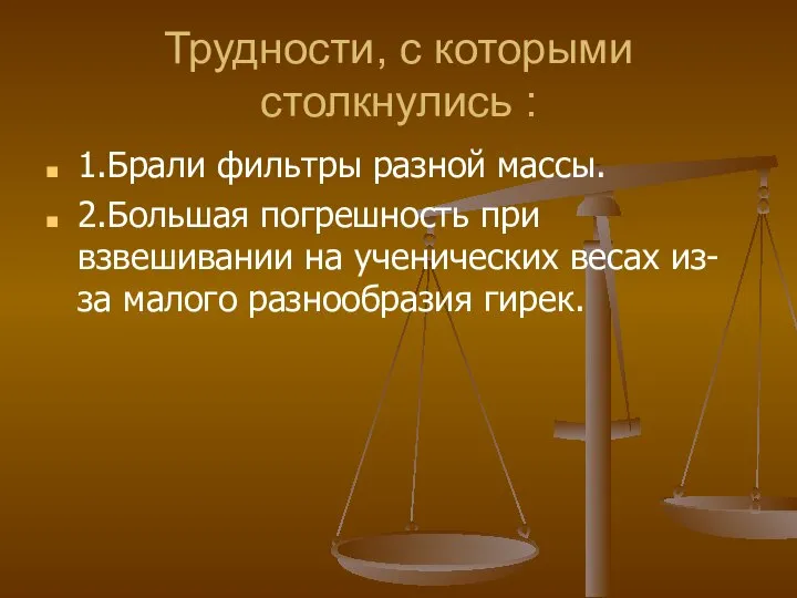 Трудности, с которыми столкнулись : 1.Брали фильтры разной массы. 2.Большая погрешность