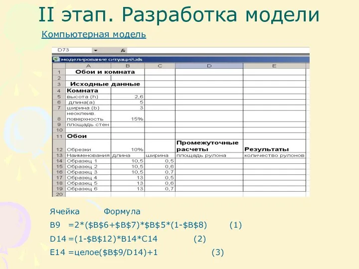 II этап. Разработка модели Компьютерная модель Ячейка Формула B9 =2*($B$6+$B$7)*$B$5*(1-$B$8) (1)