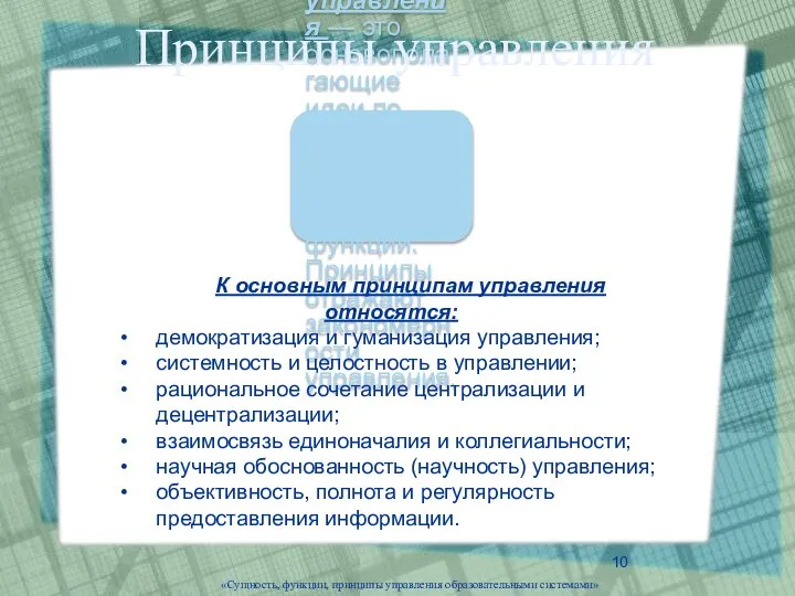 «Сущность, функции, принципы управления образовательными системами» К основным принципам управления относятся: