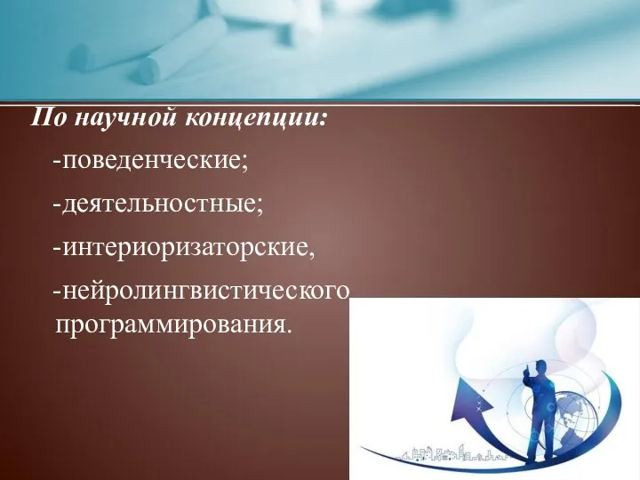 По научной концепции: -поведенческие; -деятельностные; -интериоризаторские, -нейролингвистического программирования.