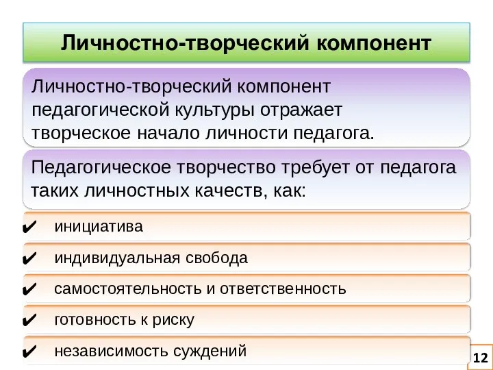 12 Личностно-творческий компонент Личностно-творческий компонент педагогической культуры отражает творческое начало личности