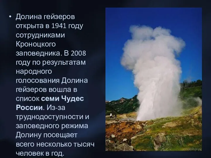 Долина гейзеров открыта в 1941 году сотрудниками Кроноцкого заповедника. В 2008