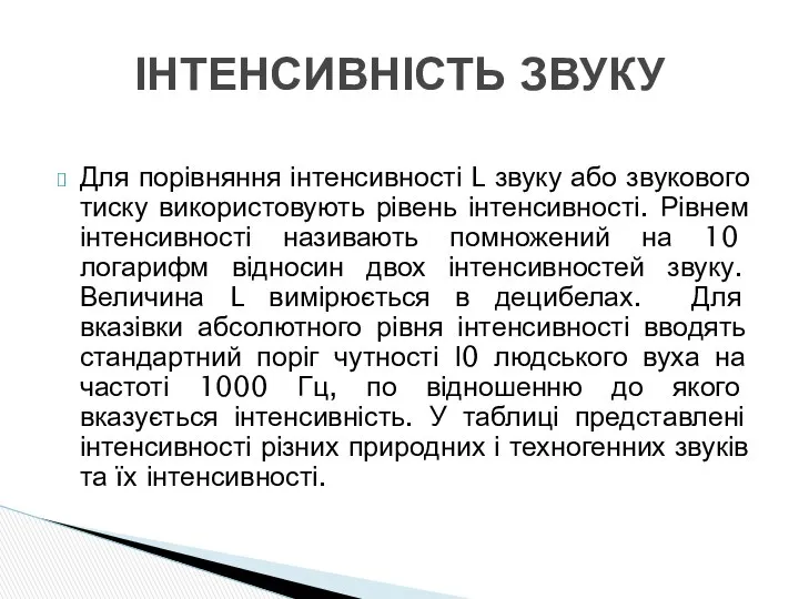 Для порівняння інтенсивності L звуку або звукового тиску використовують рівень інтенсивності.