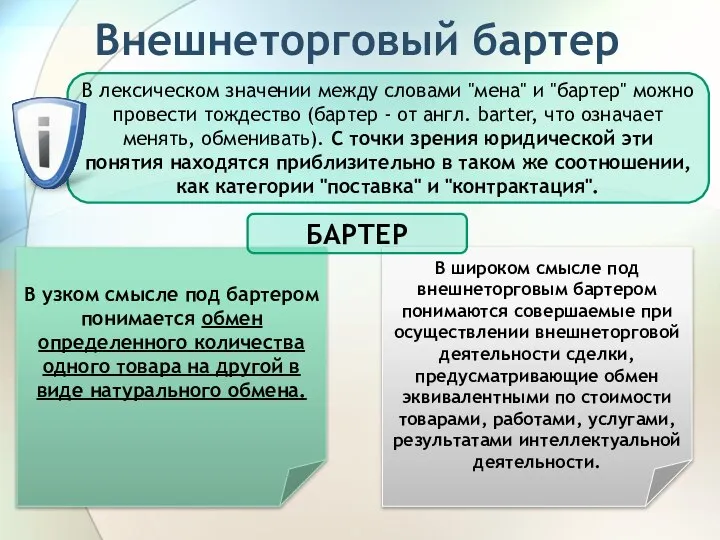 Внешнеторговый бартер В лексическом значении между словами "мена" и "бартер" можно