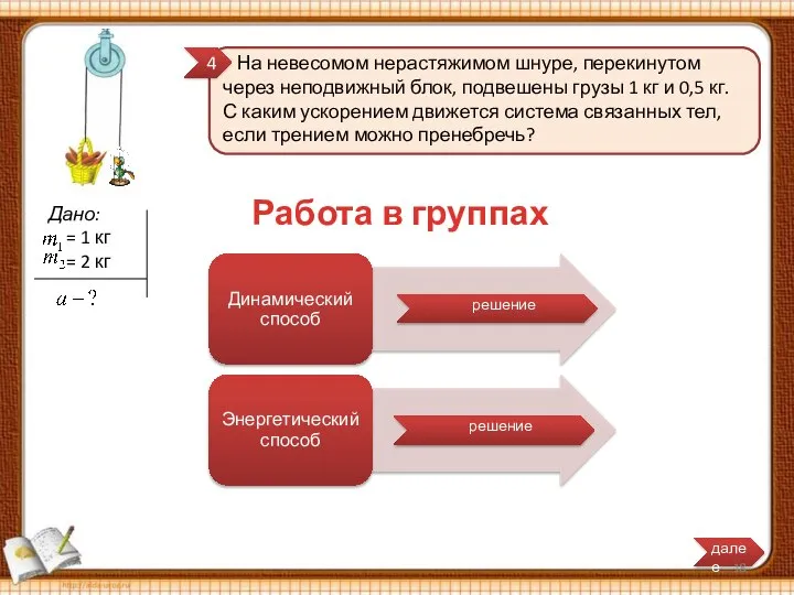 На невесомом нерастяжимом шнуре, перекинутом через неподвижный блок, подвешены грузы 1