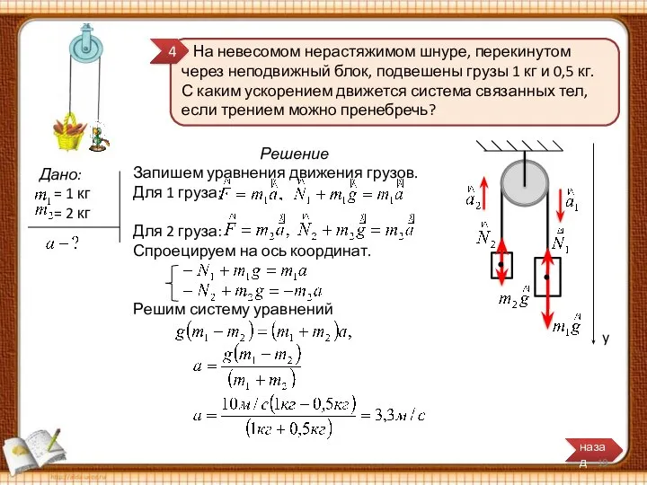 На невесомом нерастяжимом шнуре, перекинутом через неподвижный блок, подвешены грузы 1