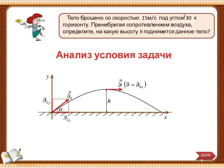 Тело брошено со скоростью 15м/с под углом 30 к горизонту. Пренебрегая