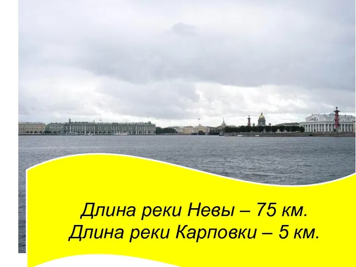 Длина реки Невы – 75 км. Длина реки Карповки – 5 км.