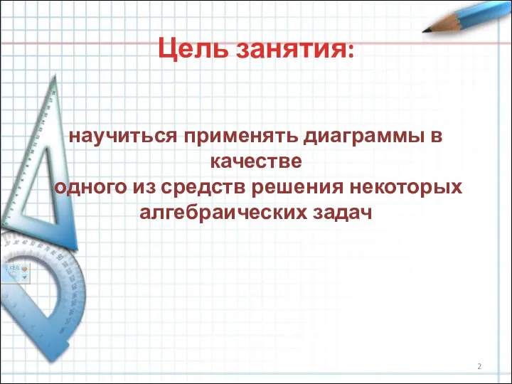 Цель занятия: научиться применять диаграммы в качестве одного из средств решения некоторых алгебраических задач