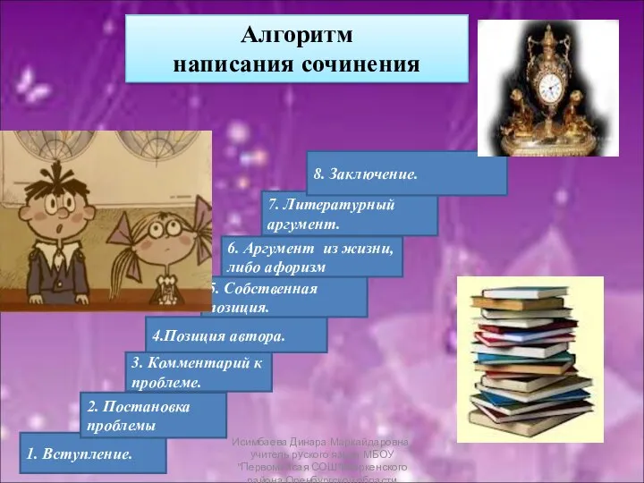 Алгоритм написания сочинения 1. Вступление. 2. Постановка проблемы 3. Комментарий к