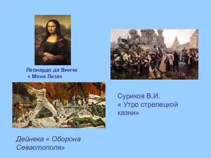 Леонардо да Винчи « Мона Лиза» Дейнека « Оборона Севастополя» Суриков В.И. « Утро стрелецкой казни»