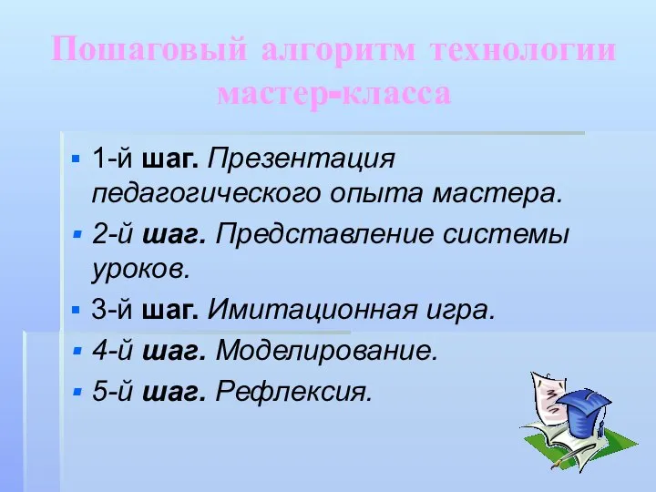 Пошаговый алгоритм технологии мастер-класса 1-й шаг. Презентация педагогического опыта мастера. 2-й