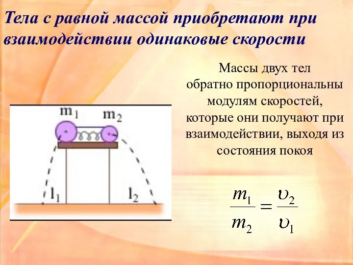 Тела с равной массой приобретают при взаимодействии одинаковые скорости Массы двух