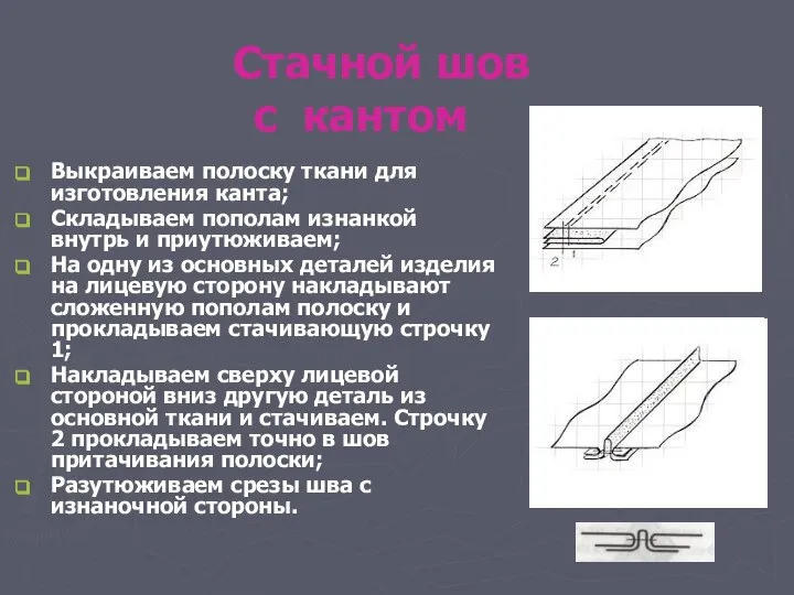 Стачной шов с кантом Выкраиваем полоску ткани для изготовления канта; Складываем