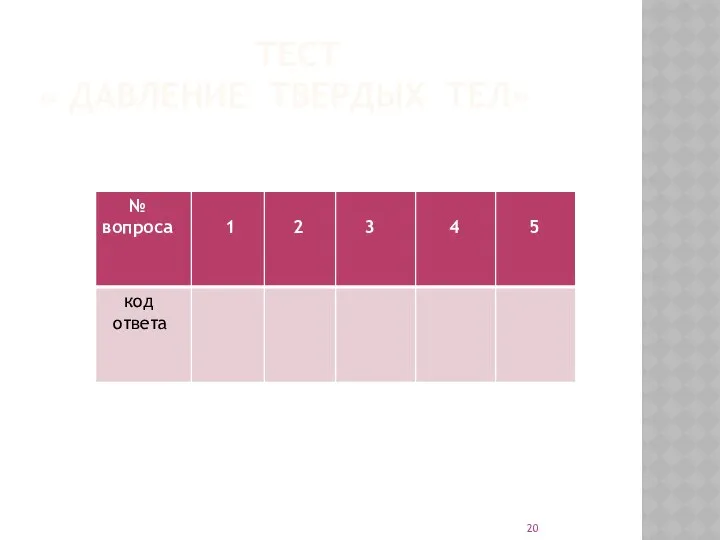 ТЕСТ « ДАВЛЕНИЕ ТВЕРДЫХ ТЕЛ»