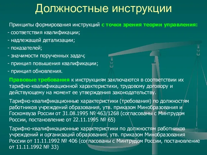 Должностные инструкции Принципы формирования инструкций с точки зрения теории управления: соответствия