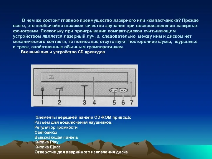 Элементы передней панели CD-ROM привода: Разъем для подключения наушников. Регулятор громкости