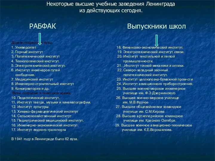 РАБФАК Выпускники школ Дореволюционные вузы. 1. Университет 18. Финансово-экономический институт. 2.