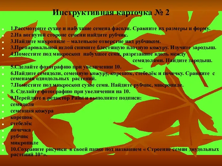 Инструктивная карточка № 2 1.Рассмотрите сухие и набухшие семена фасоли. Сравните