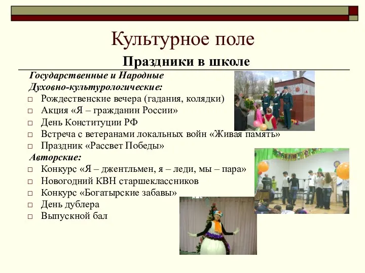 Культурное поле Праздники в школе Государственные и Народные Духовно-культурологические: Рождественские вечера