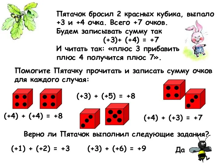 Пятачок бросил 2 красных кубика, выпало +3 и +4 очка. Всего