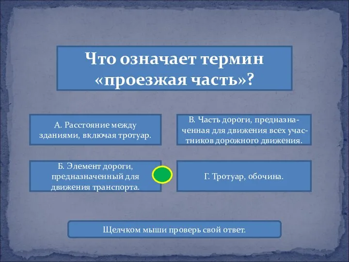 Что означает термин «проезжая часть»? А. Расстояние между зданиями, включая тротуар.