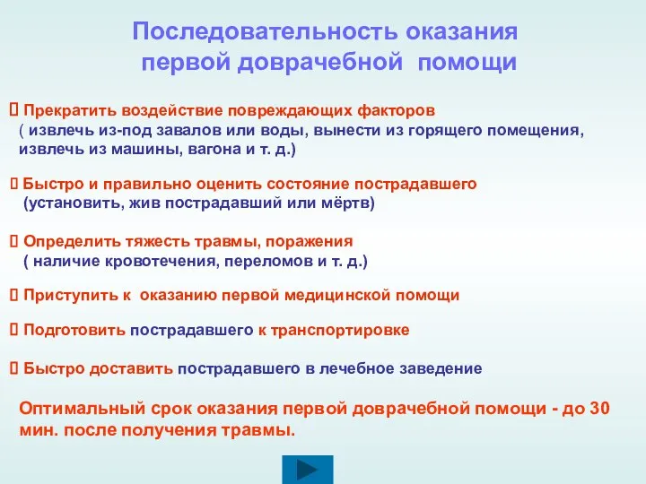 Прекратить воздействие повреждающих факторов ( извлечь из-под завалов или воды, вынести