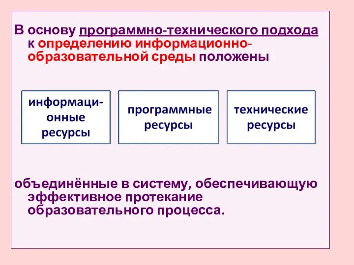 В основу программно-технического подхода к определению информационно-образовательной среды положены объединённые в