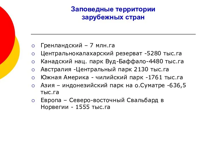 Заповедные территории зарубежных стран Гренландский – 7 млн.га Центральнокалахарский резерват -5280