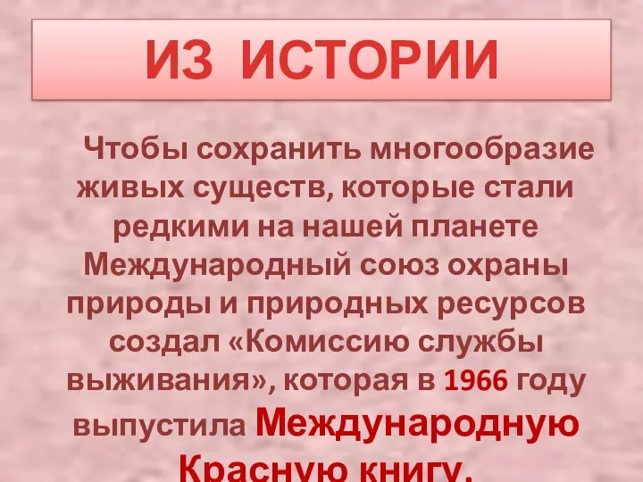 ИЗ ИСТОРИИ Чтобы сохранить многообразие живых существ, которые стали редкими на