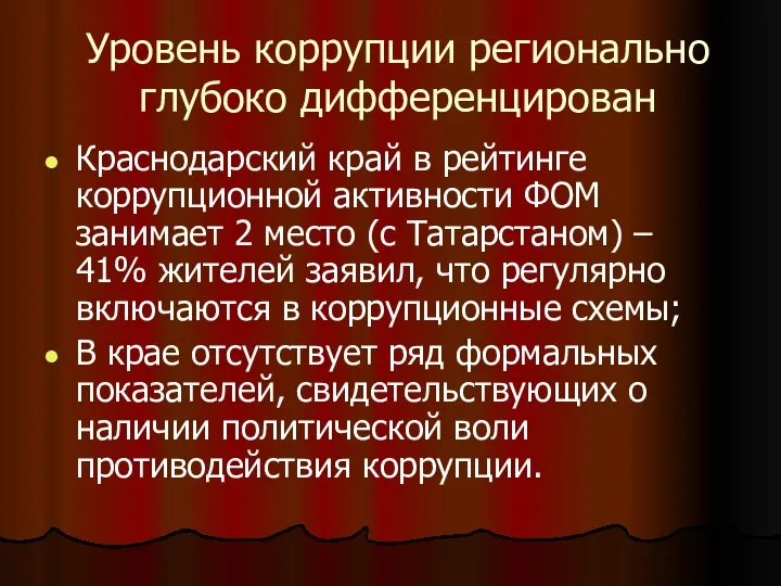 Уровень коррупции регионально глубоко дифференцирован Краснодарский край в рейтинге коррупционной активности