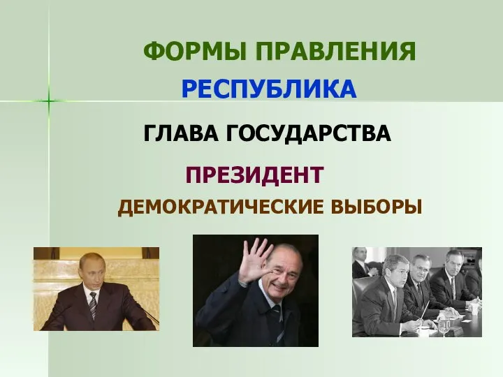 ФОРМЫ ПРАВЛЕНИЯ РЕСПУБЛИКА ГЛАВА ГОСУДАРСТВА ПРЕЗИДЕНТ ДЕМОКРАТИЧЕСКИЕ ВЫБОРЫ