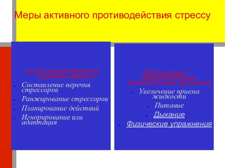 Меры активного противодействия стрессу Анализ индивидуальной картины стресса Составление перечня стрессоров