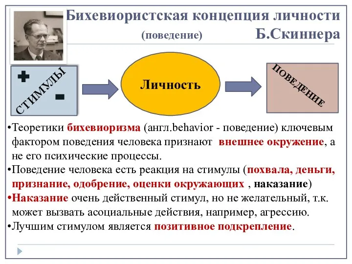 Бихевиористская концепция личности (поведение) Б.Скиннера Личность СТИМУЛЫ ПОВЕДЕНИЕ + - Теоретики