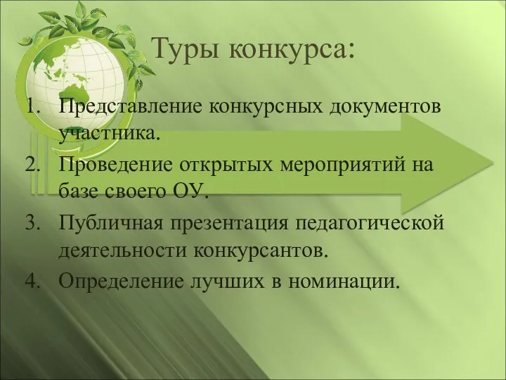 Туры конкурса: Представление конкурсных документов участника. Проведение открытых мероприятий на базе