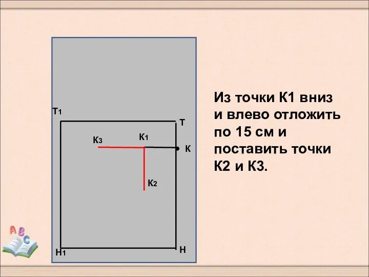 Из точки К1 вниз и влево отложить по 15 см и поставить точки К2 и К3.