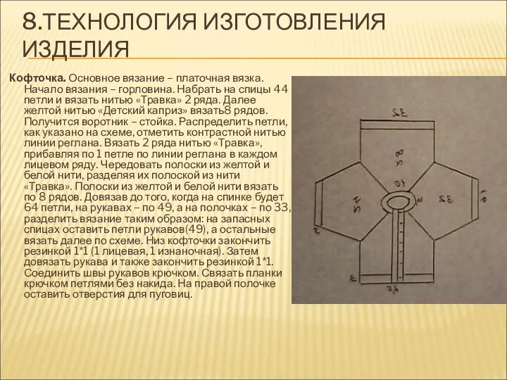 8.ТЕХНОЛОГИЯ ИЗГОТОВЛЕНИЯ ИЗДЕЛИЯ Кофточка. Основное вязание – платочная вязка. Начало вязания