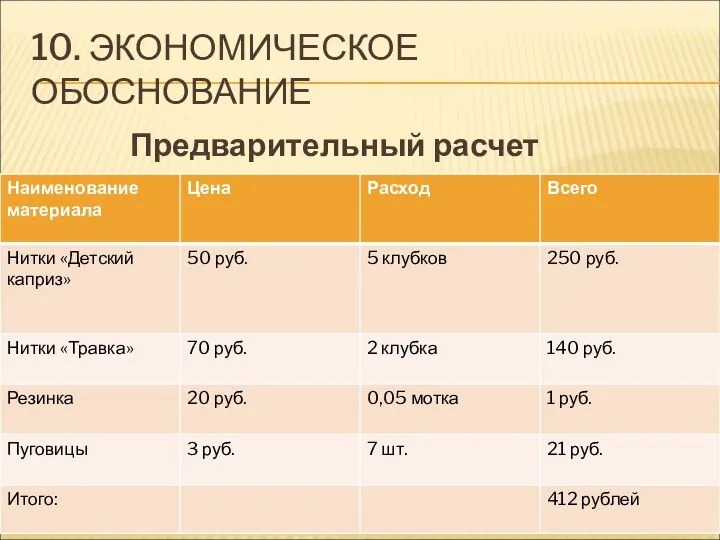 10. ЭКОНОМИЧЕСКОЕ ОБОСНОВАНИЕ Предварительный расчет материальных затрат