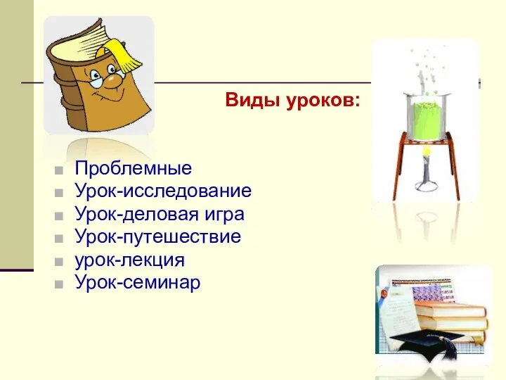 Виды уроков: Проблемные Урок-исследование Урок-деловая игра Урок-путешествие урок-лекция Урок-семинар