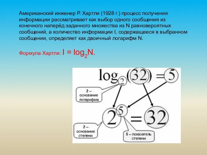 Американский инженер Р. Хартли (1928 г.) процесс получения информации рассматривает как