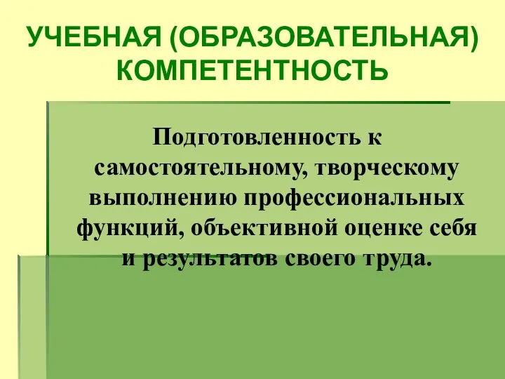 УЧЕБНАЯ (ОБРАЗОВАТЕЛЬНАЯ) КОМПЕТЕНТНОСТЬ Подготовленность к самостоятельному, творческому выполнению профессиональных функций, объективной