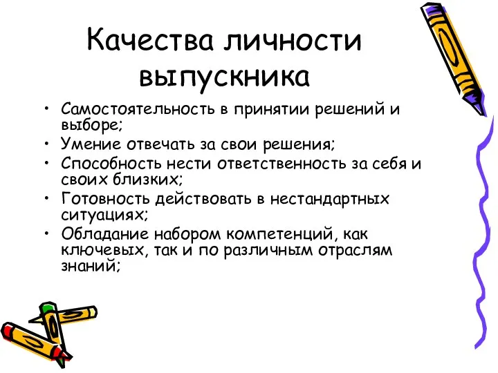 Качества личности выпускника Самостоятельность в принятии решений и выборе; Умение отвечать